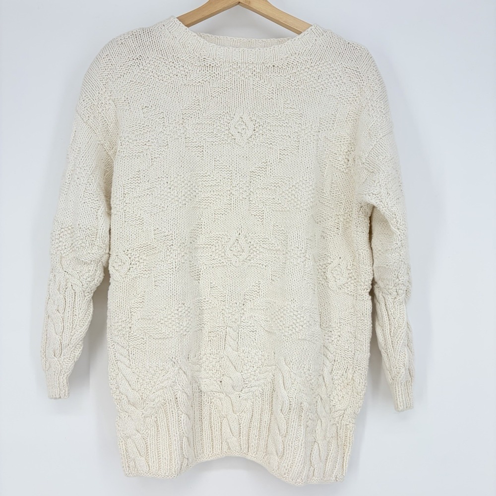 VTG 90s Fisherman Sweater‎ S Ivory Cable Knit Grandma Boho Thick Heritage Chunky